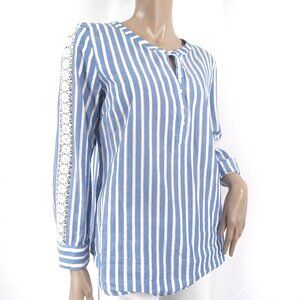 TALBOTS Lace Insert LS Stripe Cotton Blouse M